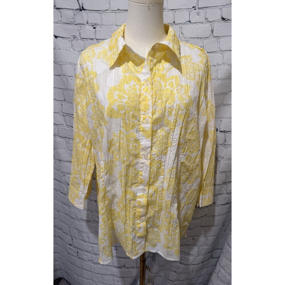 D & Co. QVC Women’s Blouse Size Large Yellow Floral Button Up 3/4 Sleeve Top